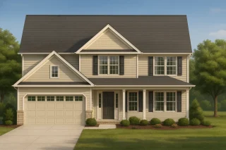 House Plans with Screened-In Porch 10 Front view of a two-story Traditional Colonial / Neo-Colonial home with horizontal lap siding, black shutters, covered front porch, and attached two-car garage