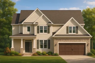 Front elevation of a New American / Modern Traditional two-story home featuring horizontal lap siding, stone veneer accents, gabled rooflines, and a welcoming covered porch
