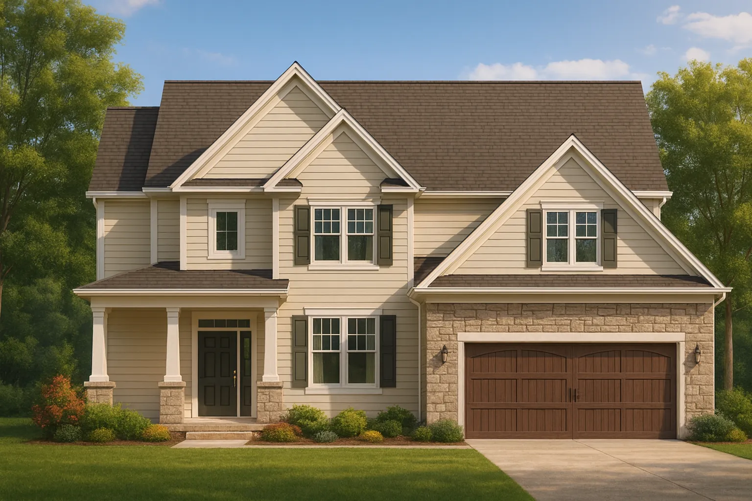 Front elevation of a New American / Modern Traditional two-story home featuring horizontal lap siding, stone veneer accents, gabled rooflines, and a welcoming covered porch