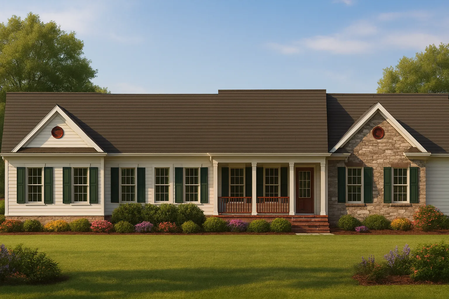 Front view of a Traditional Ranch style house featuring a balanced Colonial influence, horizontal siding, stone accents, green shutters, and a covered front porch.