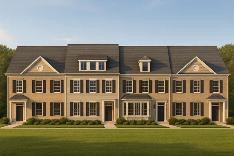 Front elevation of a Georgian Colonial townhome featuring brick and siding exterior, symmetrical windows, and classic black shutters.
