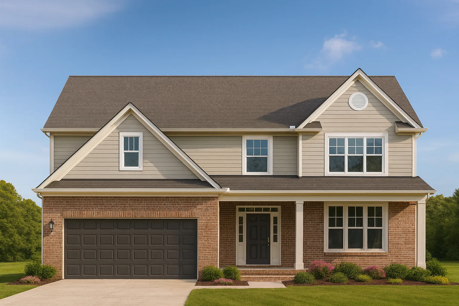 Front view of a Traditional Colonial style two-story house featuring brick and horizontal lap siding, black garage door, and symmetrical windows