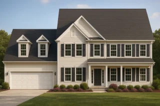 Front view of a Colonial Traditional style two-story home featuring white horizontal siding, black shutters, and a symmetrical facade with a gable roof and dormer windows.