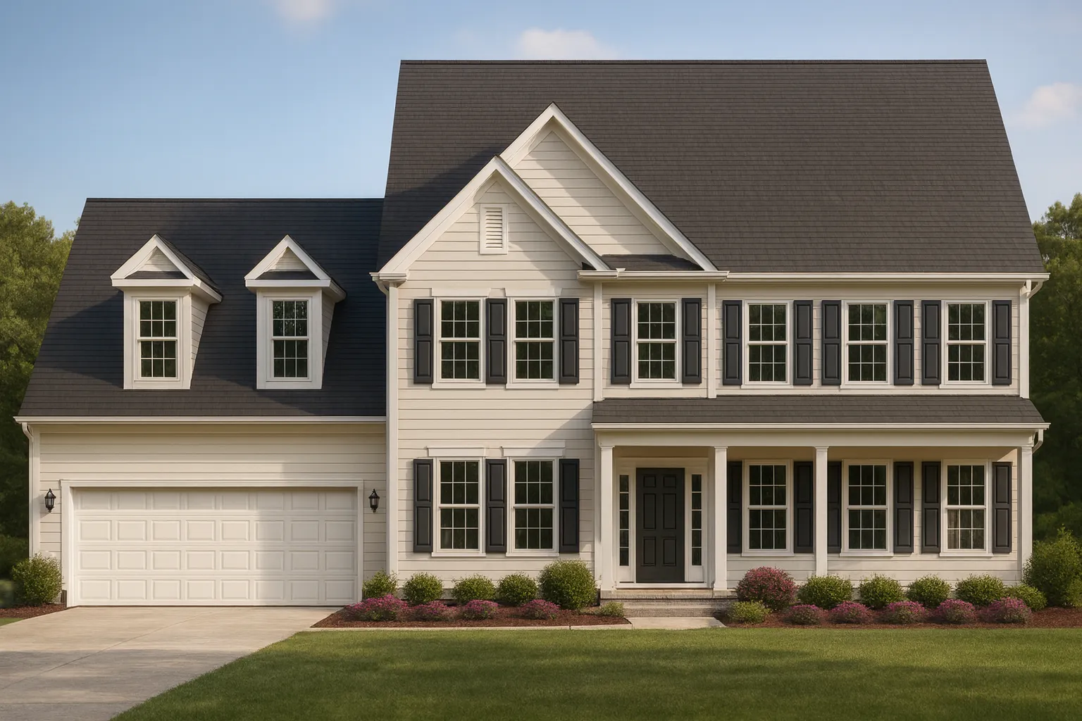 Front view of a Colonial Traditional style two-story home featuring white horizontal siding, black shutters, and a symmetrical facade with a gable roof and dormer windows.