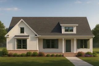 Front view of a Modern Farmhouse Ranch style home featuring board and batten siding, gabled rooflines, brick foundation, and charming curb appeal.