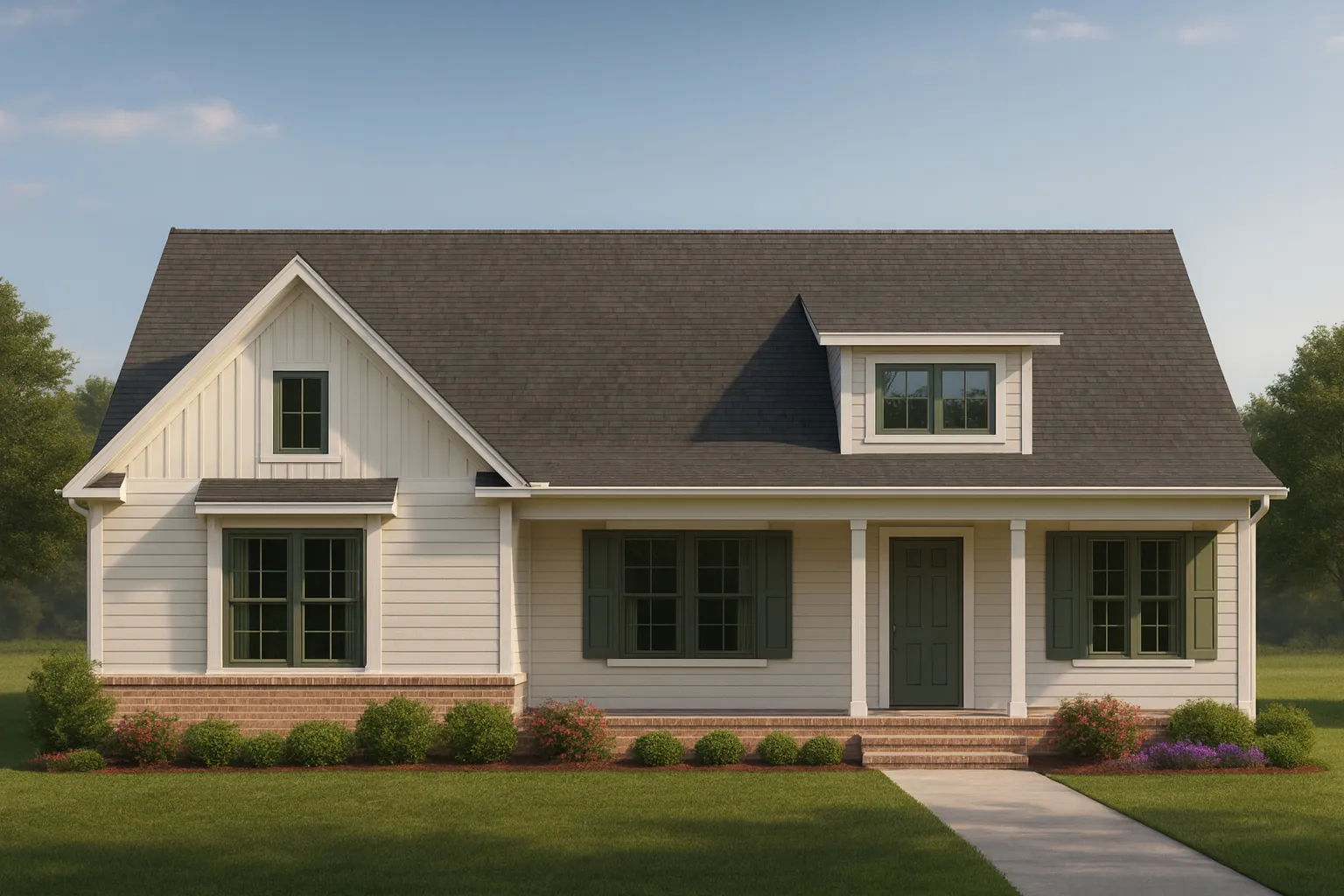Front view of a Modern Farmhouse Ranch style home featuring board and batten siding, gabled rooflines, brick foundation, and charming curb appeal.
