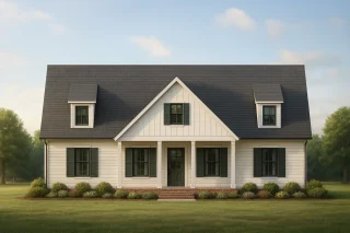 Front view of a Modern Farmhouse Cape Cod style home featuring white board and batten siding, black shutters, and a welcoming covered porch entry