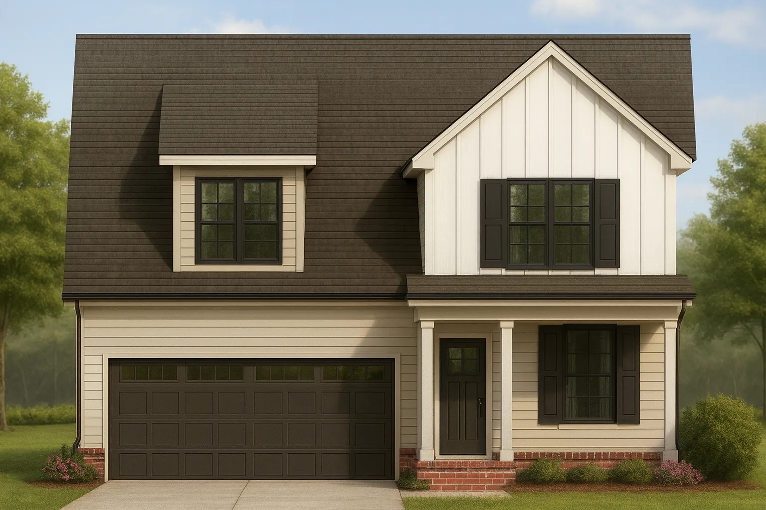 Front exterior of a Modern Farmhouse with board and batten siding, horizontal lap panels, black trim windows, and covered porch entry