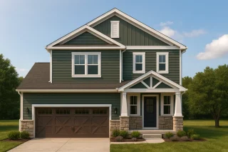 Front view of a Craftsman and New American style two-story house featuring board and batten siding, stone wainscoting, and a welcoming covered front porch with double garage.