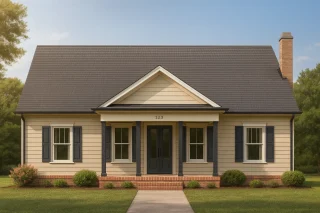 Front view of a Traditional Cottage and Cape Cod style home featuring horizontal siding, brick foundation trim, and a classic centered gable roof
