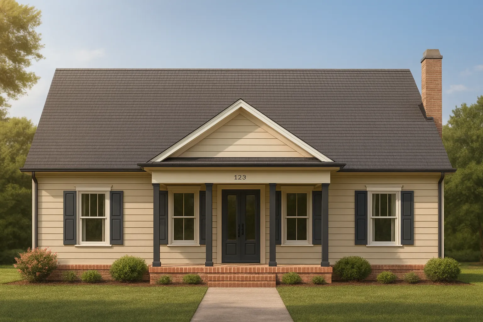 Front view of a Traditional Cottage and Cape Cod style home featuring horizontal siding, brick foundation trim, and a classic centered gable roof