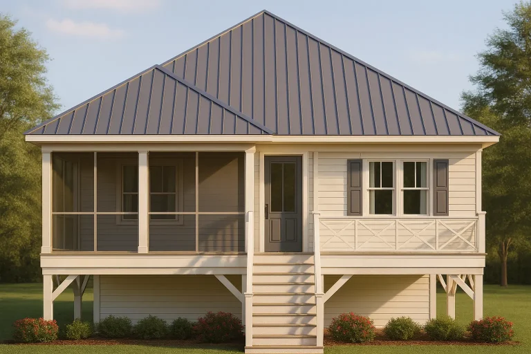 Front elevation of a Low Country Cottage style home with horizontal siding, raised foundation, metal roof, and inviting front porch