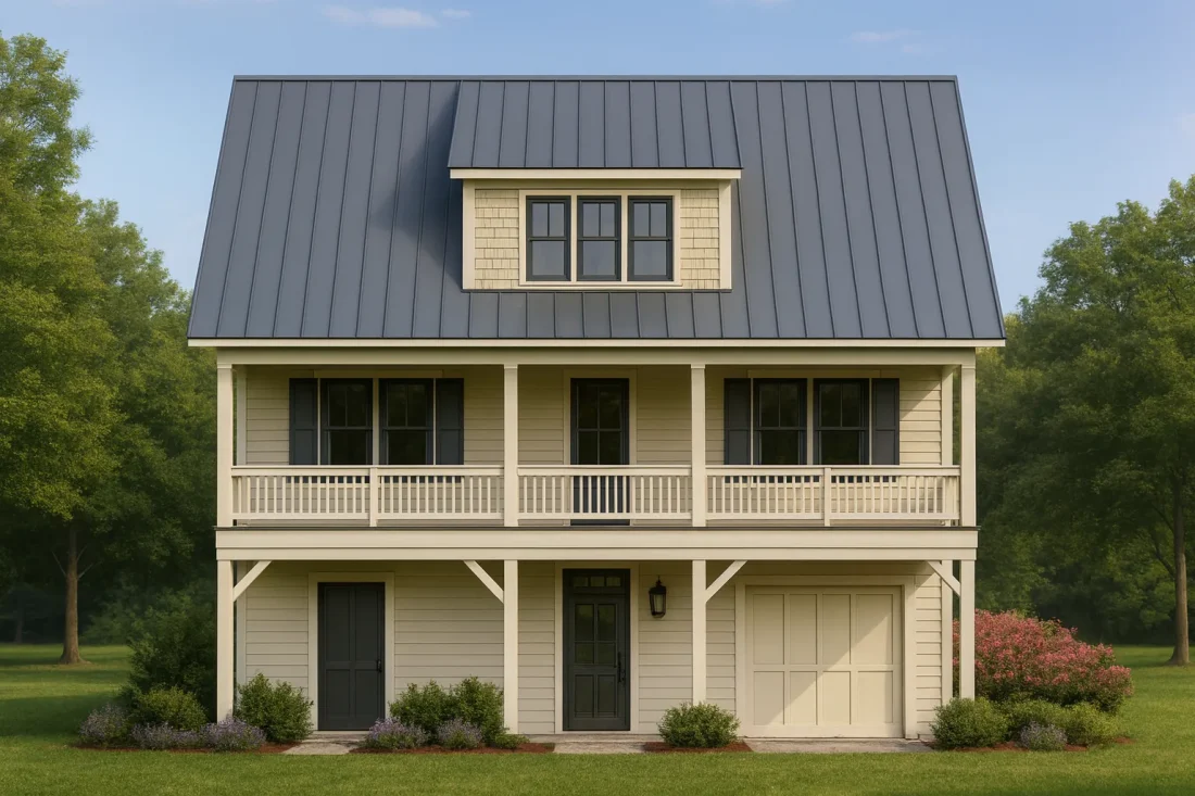 Front elevation of a Coastal Farmhouse with metal roof, double stacked porches, and horizontal siding with board-and-batten accents