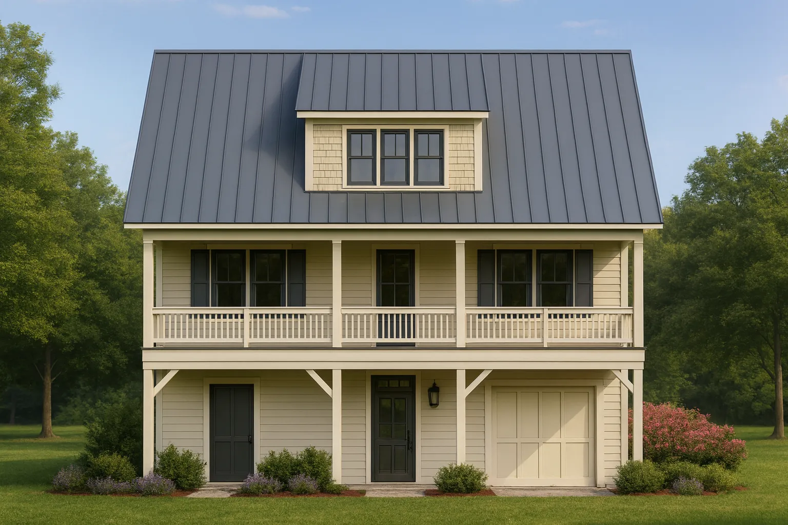 Front elevation of a Coastal Farmhouse with metal roof, double stacked porches, and horizontal siding with board-and-batten accents