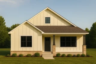 House Plans with Screened-In Porch 8 Front view of a Modern Farmhouse Cottage home featuring board and batten siding, brick accents, and a simple gabled roofline