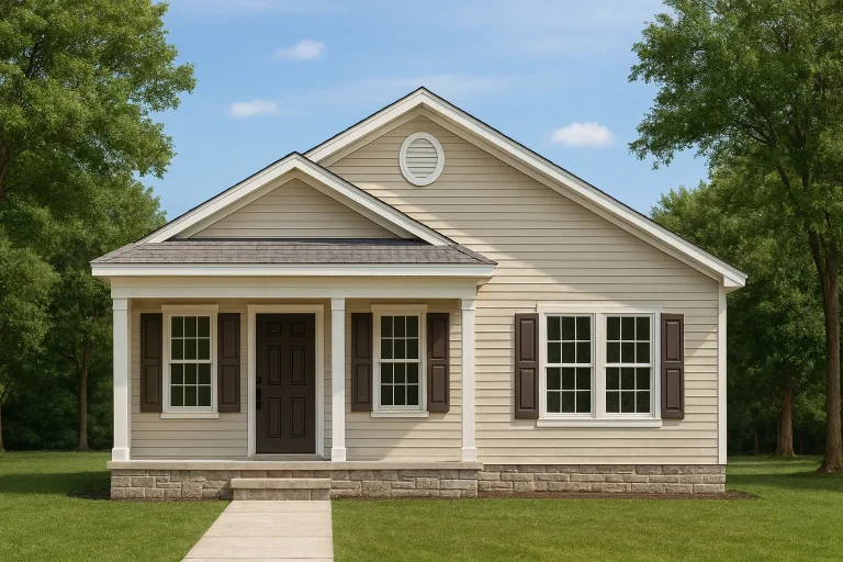 Front view of a Traditional Suburban Ranch style home featuring vinyl siding, stone skirting, shuttered windows, and a covered porch