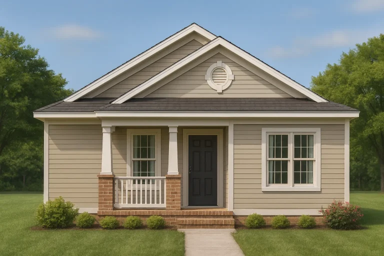 Front elevation of a Traditional Cottage style home featuring horizontal siding, brick foundation accents, and a welcoming covered porch entry