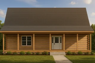 Front elevation of a rustic cabin style home featuring natural log siding, symmetrical windows, and a simple gable roof design