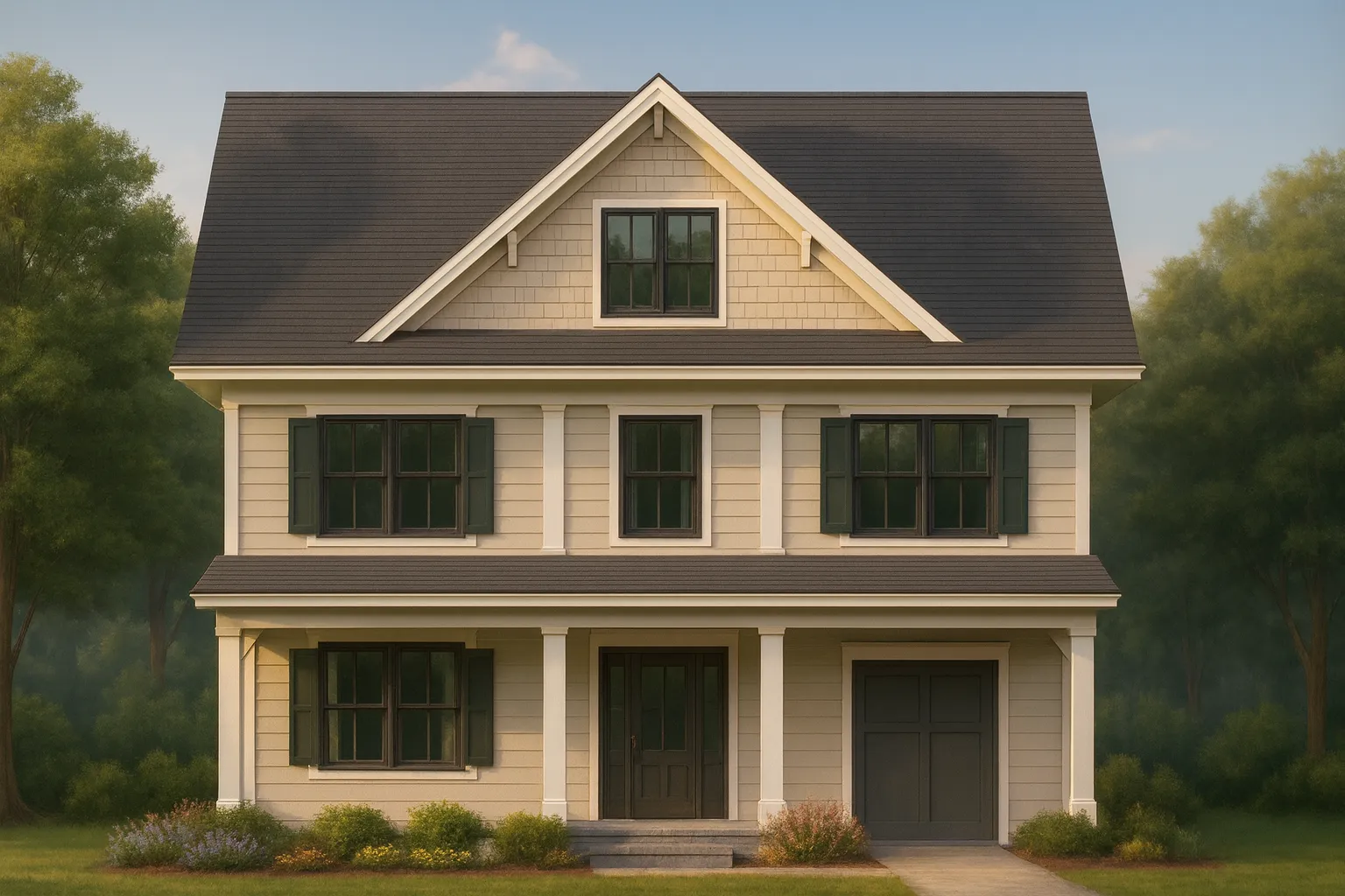 Affordable House Plans 4 Front elevation of a Traditional Colonial home featuring horizontal siding, shingle gable detailing, symmetrical windows, and a covered entry