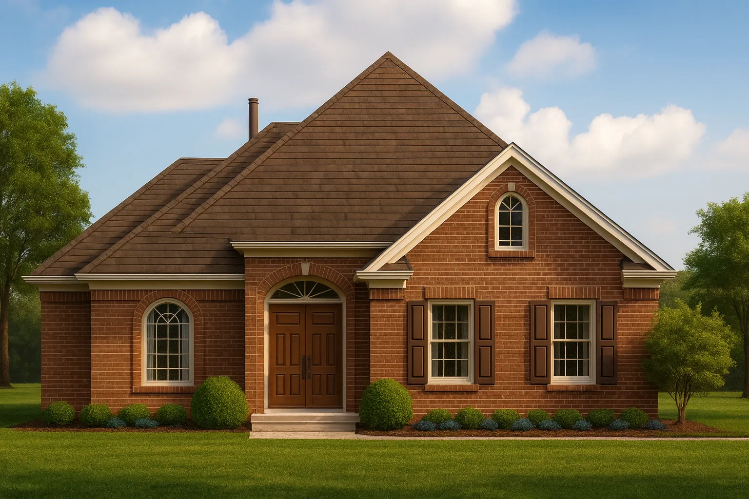 Front view of a Traditional Brick Colonial style home featuring red brick exterior, symmetrical windows, and classic curb appeal