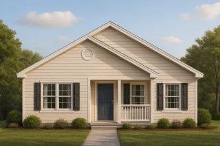 Front elevation of a Traditional Ranch style home featuring cream horizontal siding, dark shutters, a central entry porch, and symmetrical classic suburban curb appeal