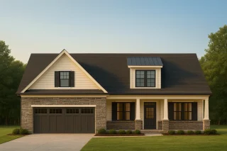 Front elevation of a Modern Farmhouse style home featuring stone, horizontal siding, board and batten accents, black windows, and a welcoming covered porch