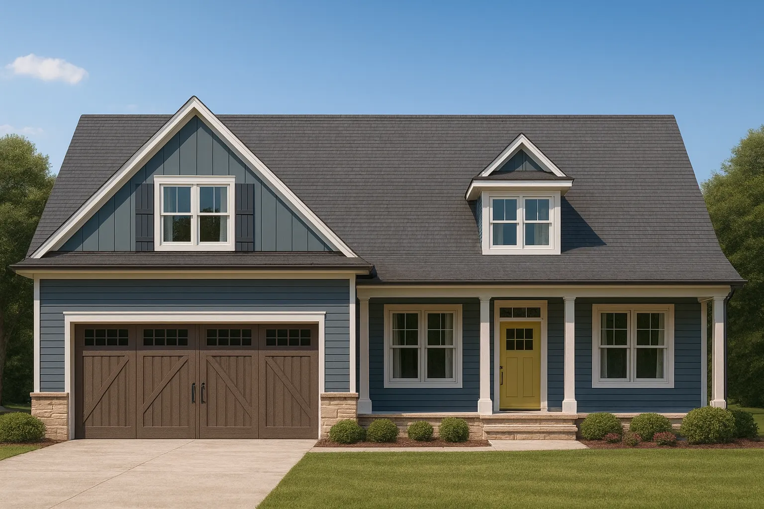 Front elevation of a Traditional suburban house featuring Craftsman cottage details, blue horizontal siding, board and batten gables, stone base, and welcoming front porch