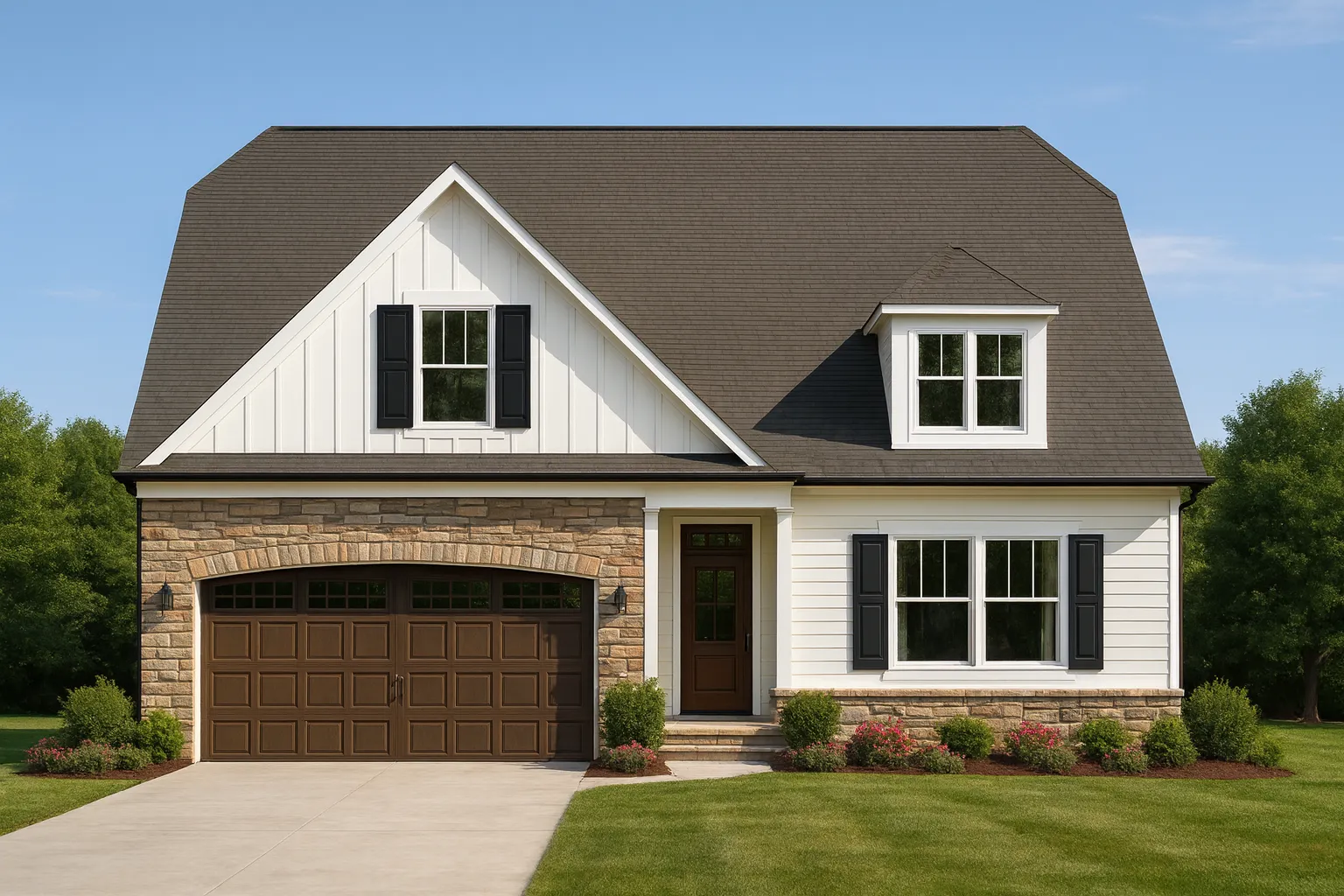 Front view of a Modern Farmhouse home featuring board and batten siding, stone accents, and a classic suburban roofline