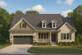 Front elevation of a Traditional Ranch Craftsman style home featuring a mix of horizontal siding and stone accents, gable dormers, and a covered porch