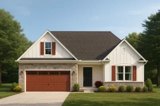 Front elevation of a Modern Farmhouse Ranch style home showcasing board and batten siding, stone accents, and warm red shutters on a single-story design.