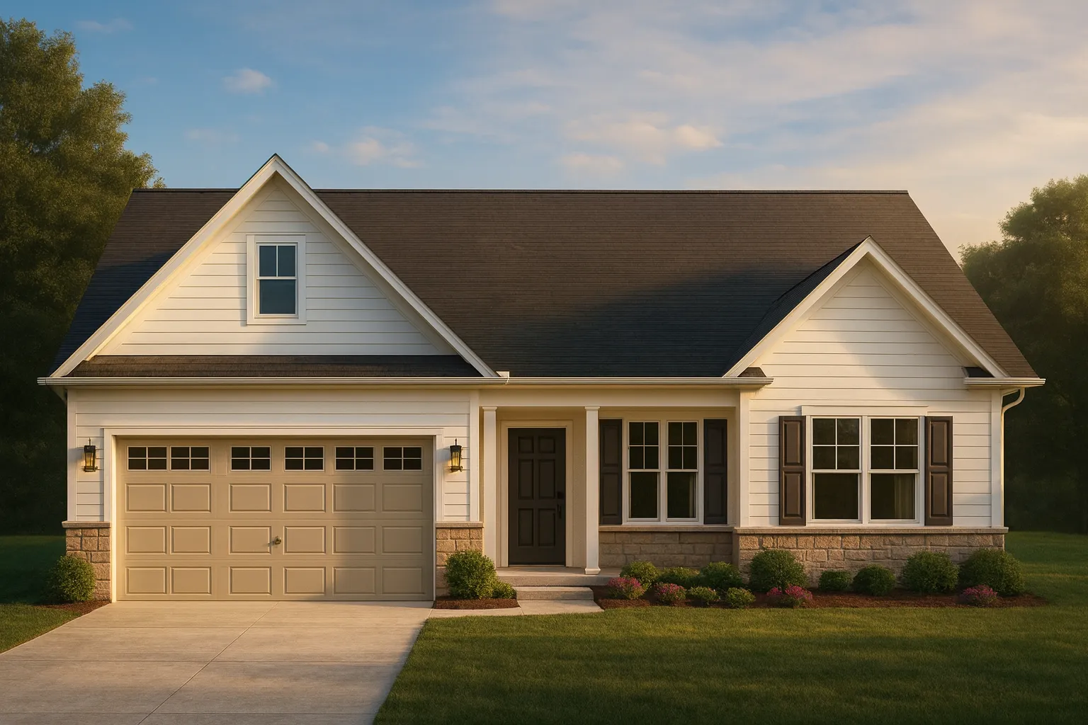 Front view of a Traditional Ranch style home featuring horizontal siding, stone wainscoting, gable rooflines, and a covered porch entry