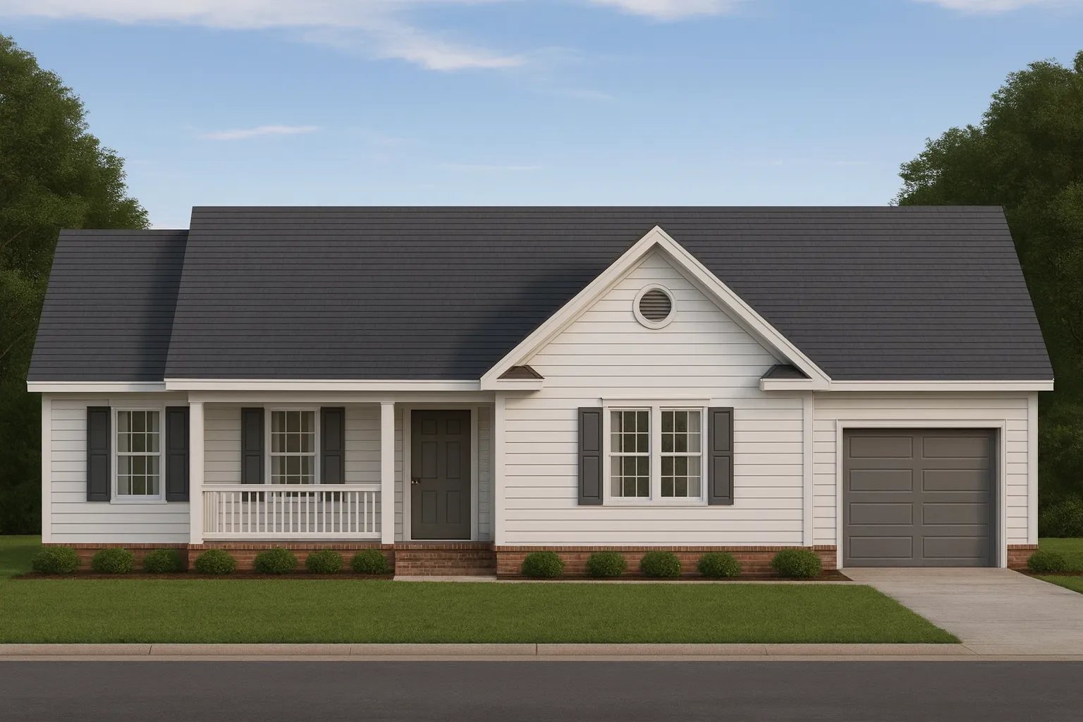 Front elevation of a Traditional Ranch style home featuring white horizontal siding, brick foundation, covered porch, and single-car garage