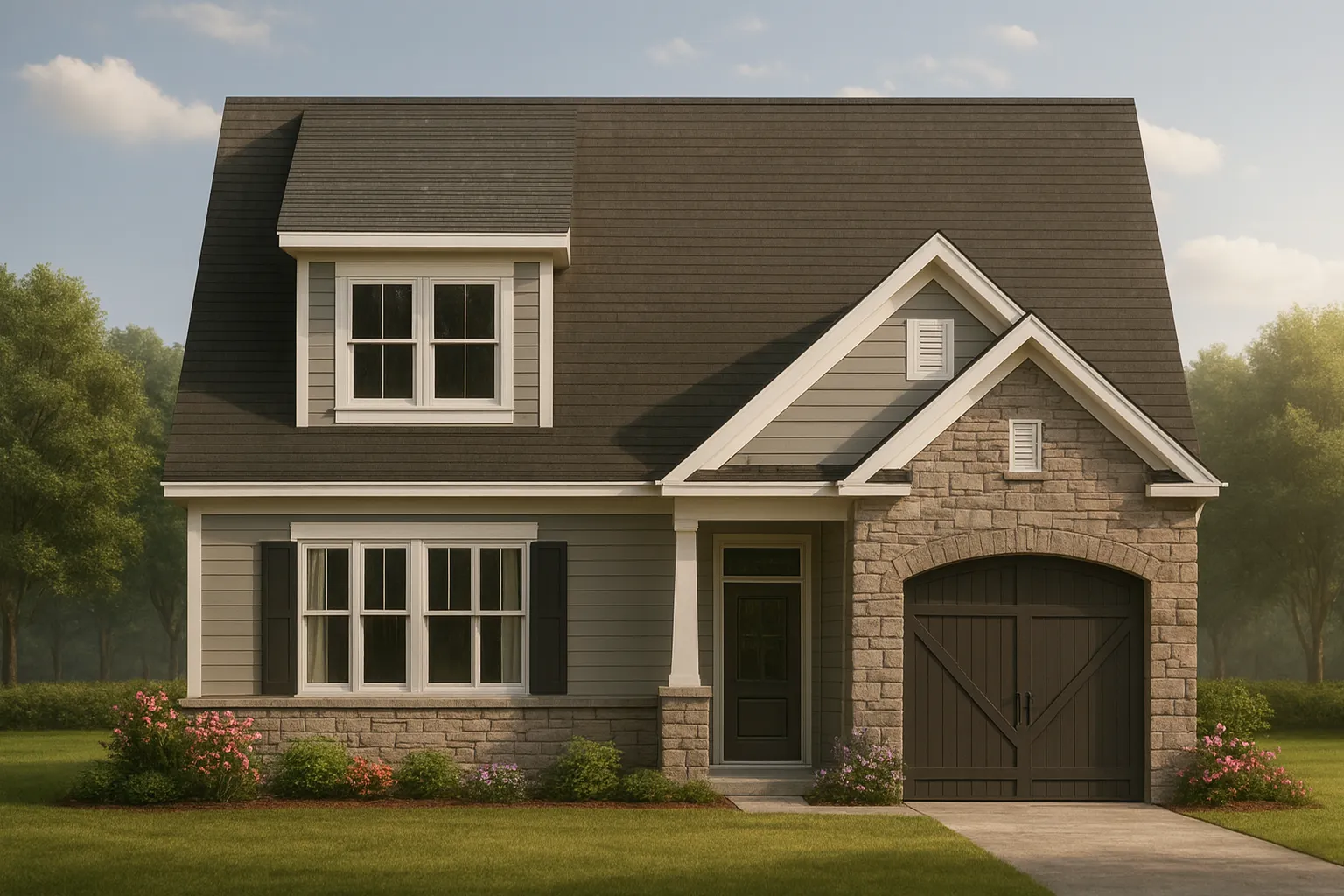 Front elevation of a Traditional Suburban Craftsman style home featuring stone veneer, horizontal siding, gabled rooflines, and a welcoming entry