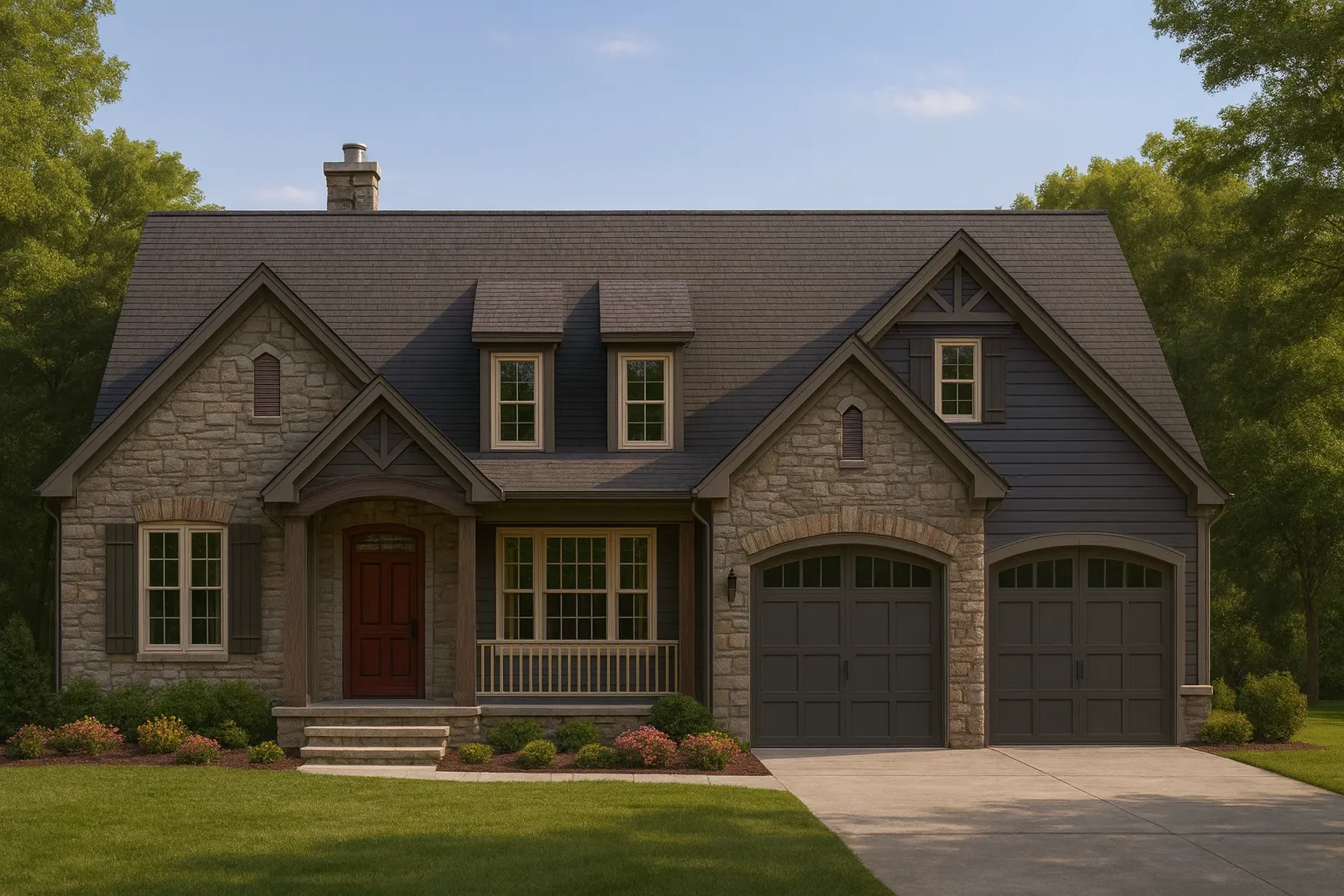 Front view of a French Country and European Cottage style home featuring stone masonry, horizontal siding, gabled dormers, and arched garage doors