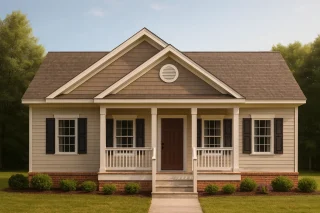 House Plans with Screened-In Porch 8 Front view of a Traditional Cottage style home featuring horizontal siding, shingle gables, brick foundation, front porch, and classic symmetrical windows