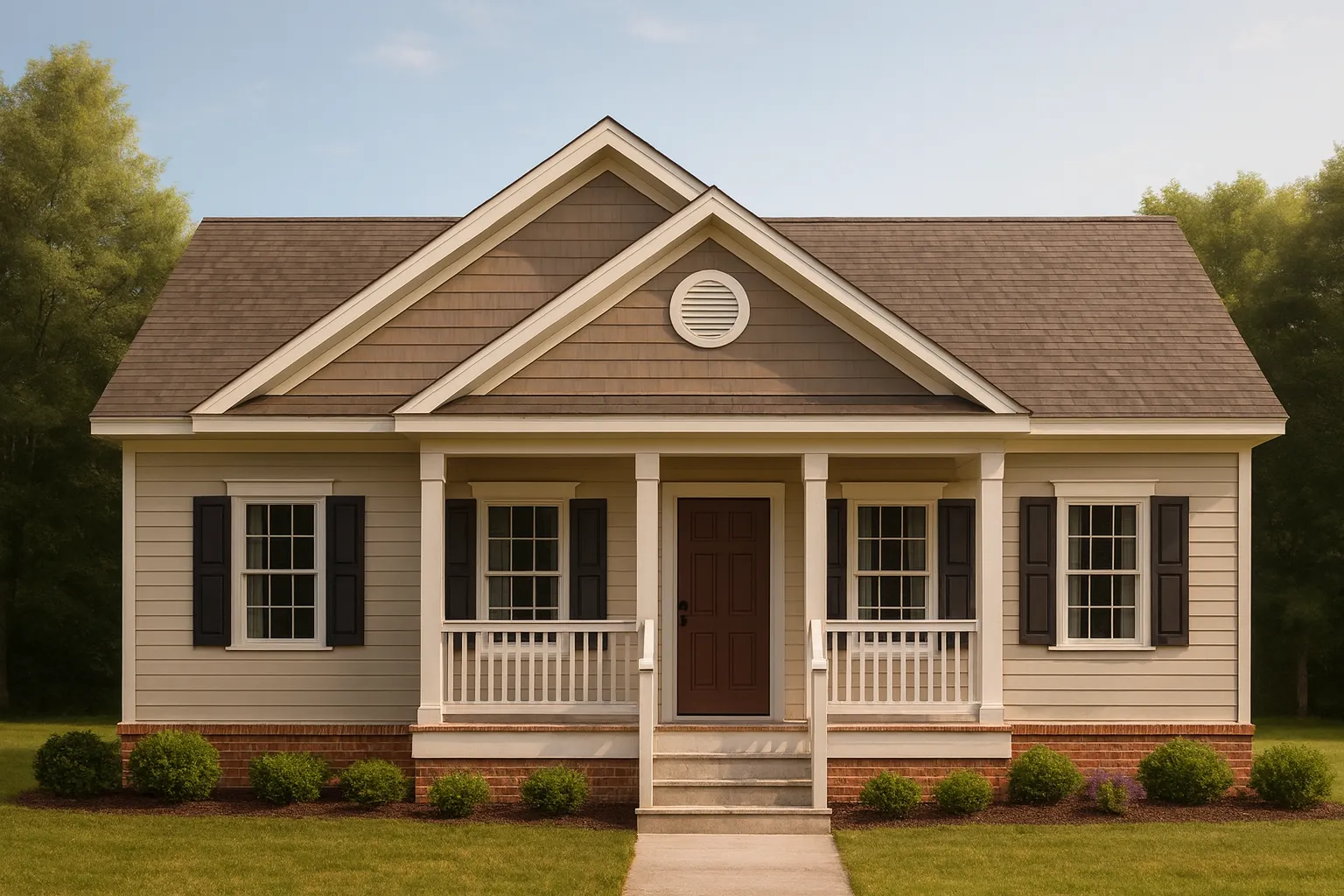Front view of a Traditional Cottage style home featuring horizontal siding, shingle gables, brick foundation, front porch, and classic symmetrical windows