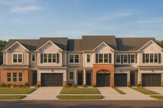 Front elevation of a Traditional Suburban townhome featuring brick, lap siding, board-and-batten accents, and modern garage-front design