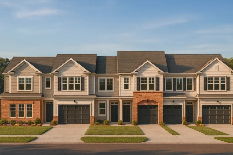House Plans 23 Front elevation of a Traditional Suburban New American townhome featuring brick, horizontal siding, board-and-batten accents, and symmetrical garage-forward design