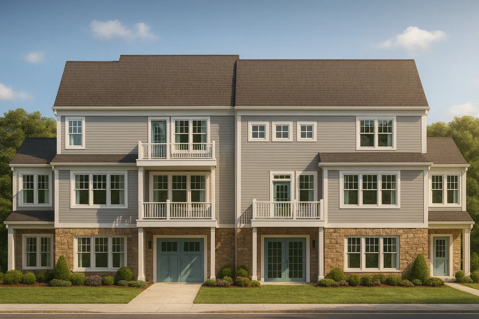 Front elevation of a New American Traditional Suburban townhome featuring horizontal siding, stone accents, and symmetrical multi-unit design