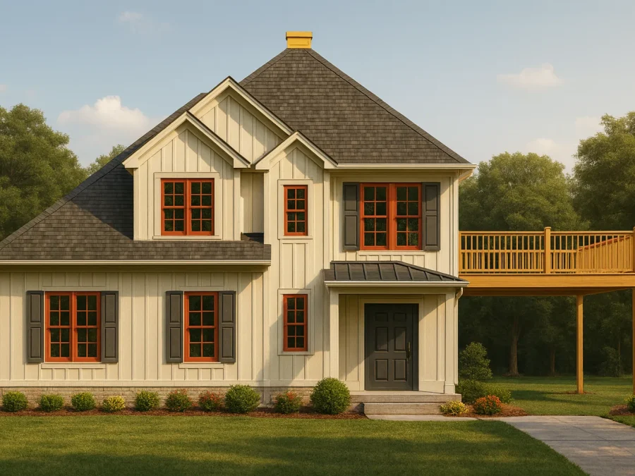 Front view of a Modern Farmhouse featuring board and batten siding, dark shingles, warm wood-tone windows, and an elevated side deck surrounded by trees