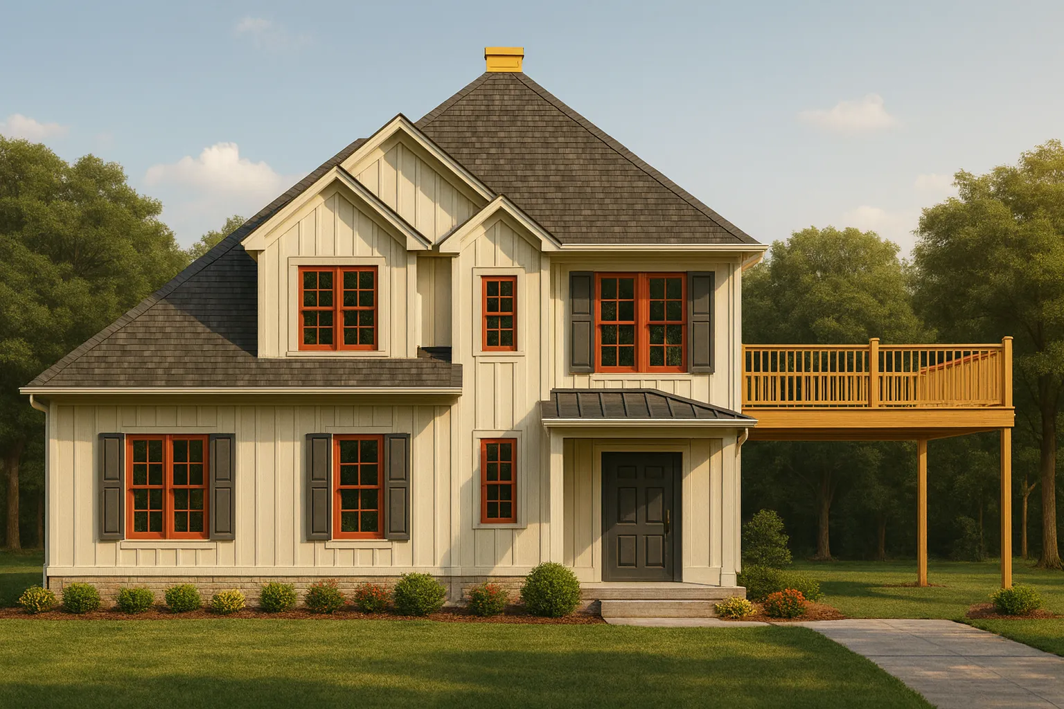 Apartment Floor Plans 10 Front view of a Modern Farmhouse featuring board and batten siding, dark shingles, warm wood-tone windows, and an elevated side deck surrounded by trees