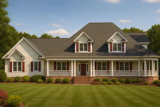 Front elevation of a Southern Farmhouse style home featuring horizontal siding, brick foundation, large wraparound porch, gabled dormers, and traditional architectural detailing