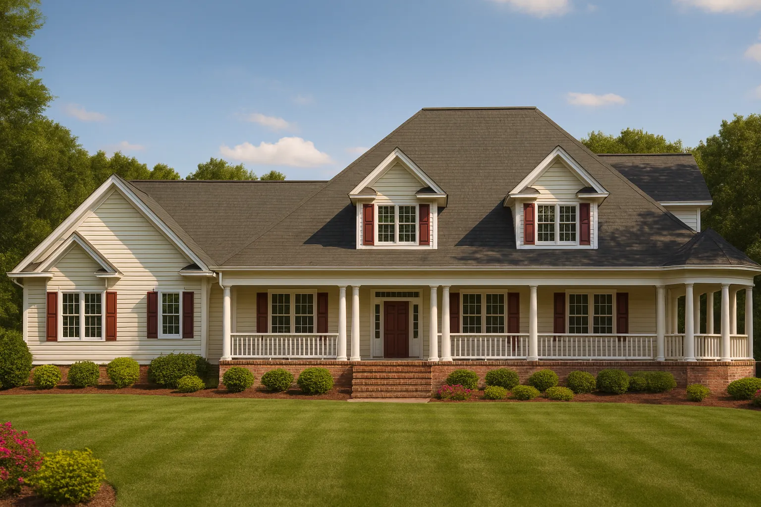 Front view of a Southern Farmhouse style home featuring horizontal siding, brick foundation, gabled dormers, and a wide wraparound porch