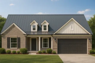 Front elevation of a New American Modern Traditional ranch-style home with brick exterior, board-and-batten gable, metal roof, and covered porch