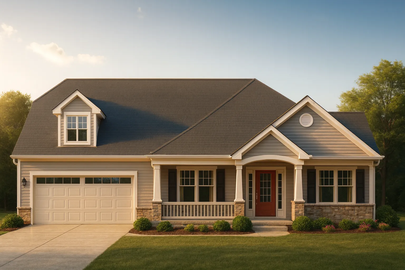 Front elevation of a Traditional Ranch style home featuring Craftsman details, stone accents, horizontal siding, dormer window, and a welcoming covered porch