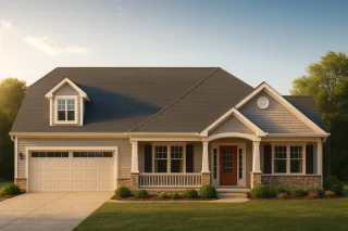 Front view of a Traditional Ranch style home featuring horizontal siding, stone accents, dormer window, and covered front porch