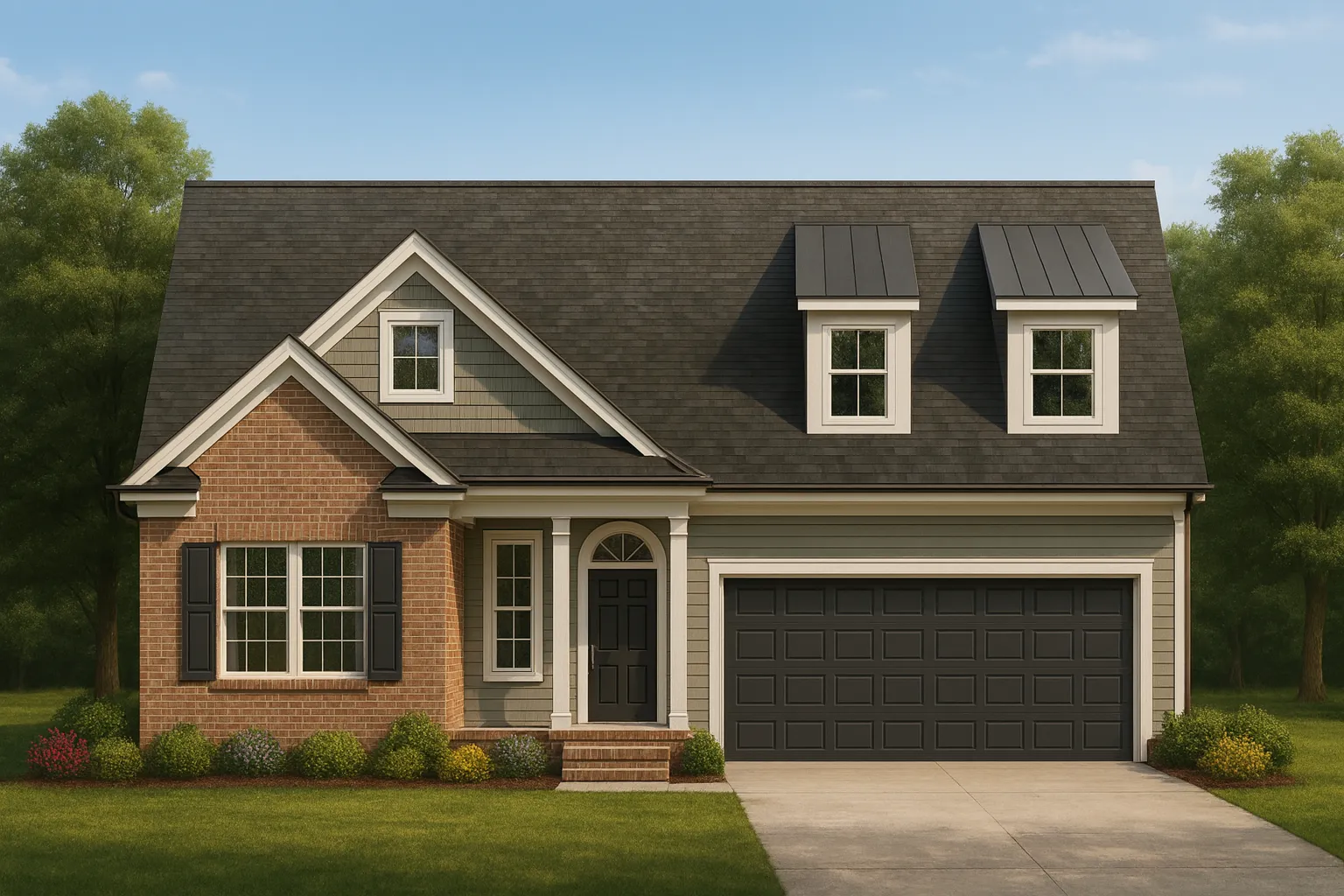 Front elevation of a Traditional Suburban New American style home featuring brick, lap siding, shake siding, and twin dormers over a two-car garage