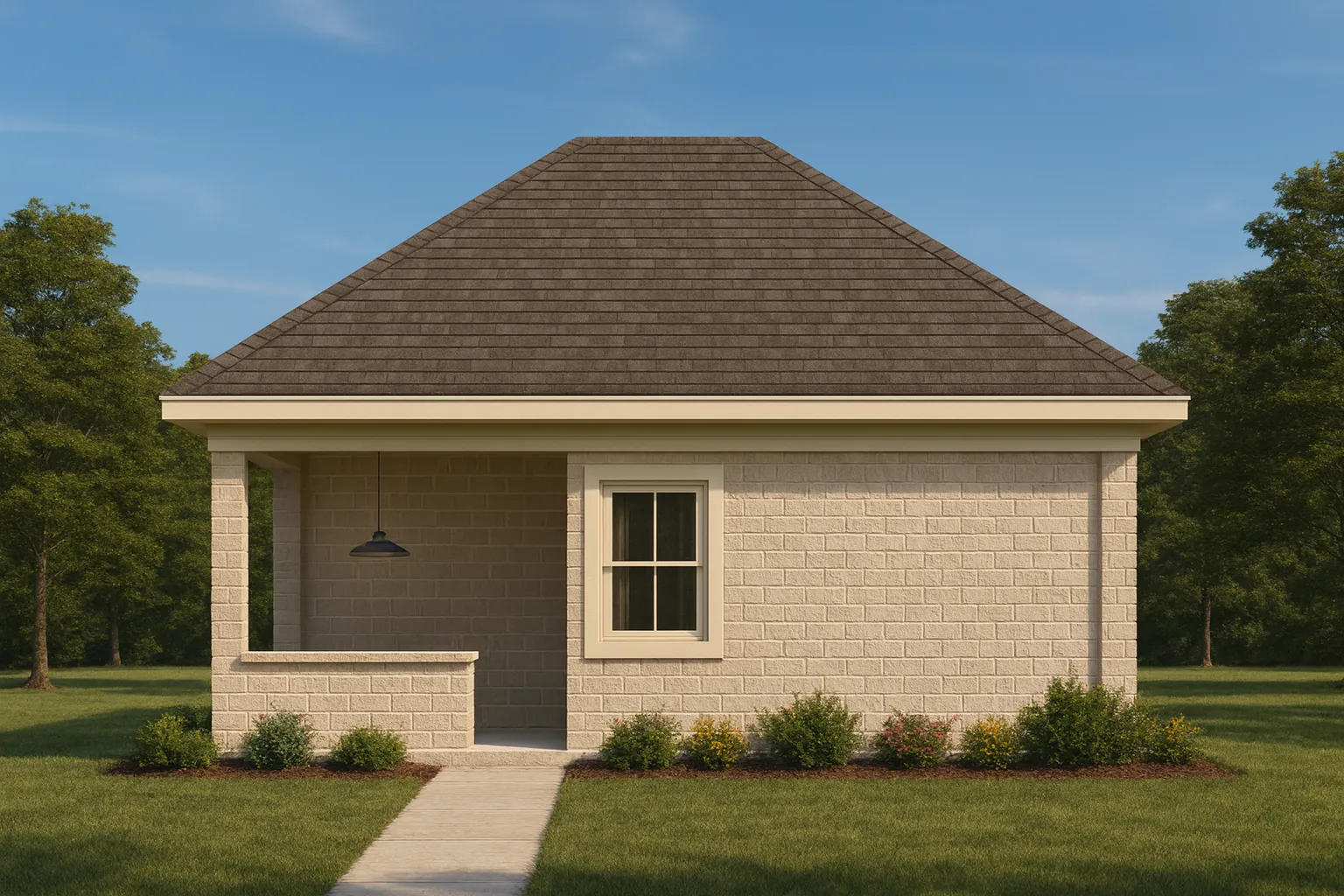 Front elevation of a Cottage style small home featuring light brick siding, hip roof, and a simple covered porch entry