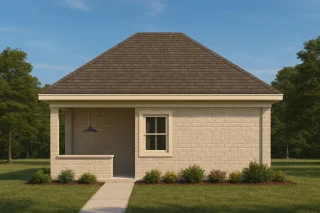 Front elevation of a traditional casita-style ADU with split-face block exterior, hip roof, covered porch, and simple classic detailing