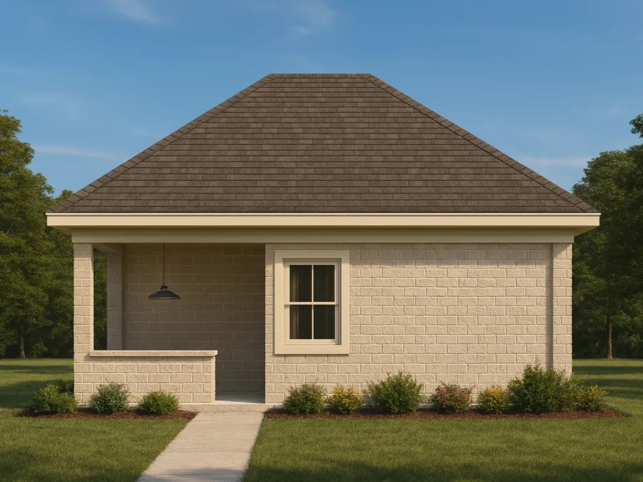 Front elevation of a traditional casita-style ADU with split-face block exterior, hip roof, covered porch, and simple classic detailing
